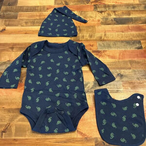 NWT Newborn gift set. Long sleeve onesie, hat, and bib. Baby shower gift.